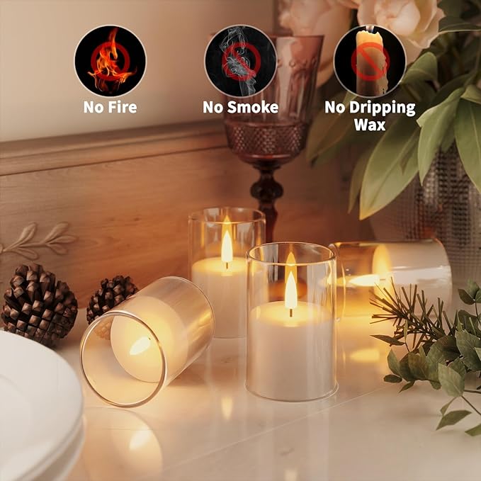 6Pack Flickering Flameless LED Candles with Timer, Battery Powered - Small Pillar & Votive, Clear (2"X3")
