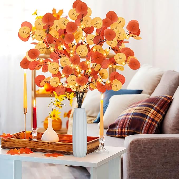 Agusbagli 30in 60LED Lighted Fall Eucalyptus Branches with Timer, Light Up Fall Eucalyptus Leaves Stems Battery Operated Lit Artificial Twig Autumn Fall Decorations for Home Wedding Party Decor