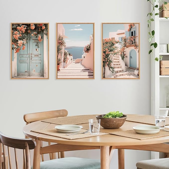 KAIRNE Italian Mediterranean Coastal Framed Canvas Wall Art, Pink Blue & White Seascape Painting for Beach House Decor, Luxury Italian Seaside Landscape for Living Room, Bedroom, Office - 24x36 Inch