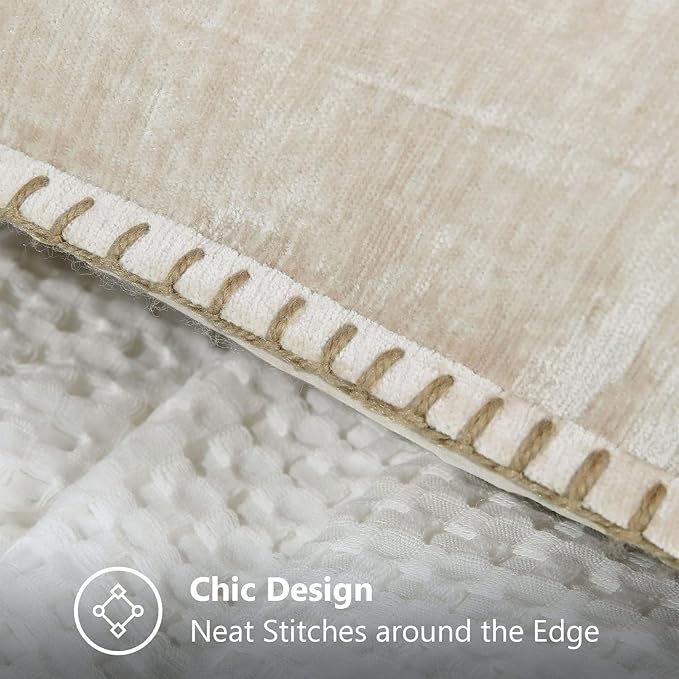 decorUhome Chenille Soft Throw Pillow Covers 16x16 Set of 2, Farmhouse Velvet Neutral Decorative Euro Pillow Covers with Stitched Edge for Couch Sofa Bed Home Decor, Beige