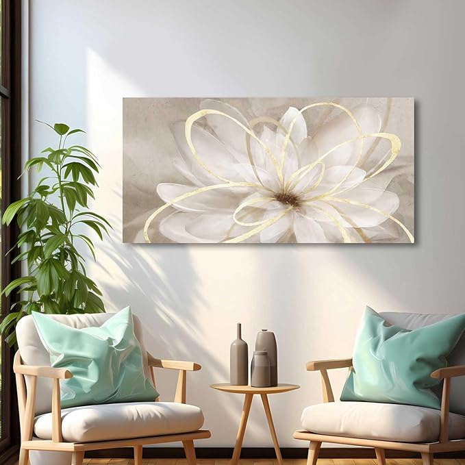 Kureful Canvas Wall Art for Bedroom/Gold Flowers Canvas Pictures/Modern Home Decorations for Living Room Kitchen Office 20x40 Inch