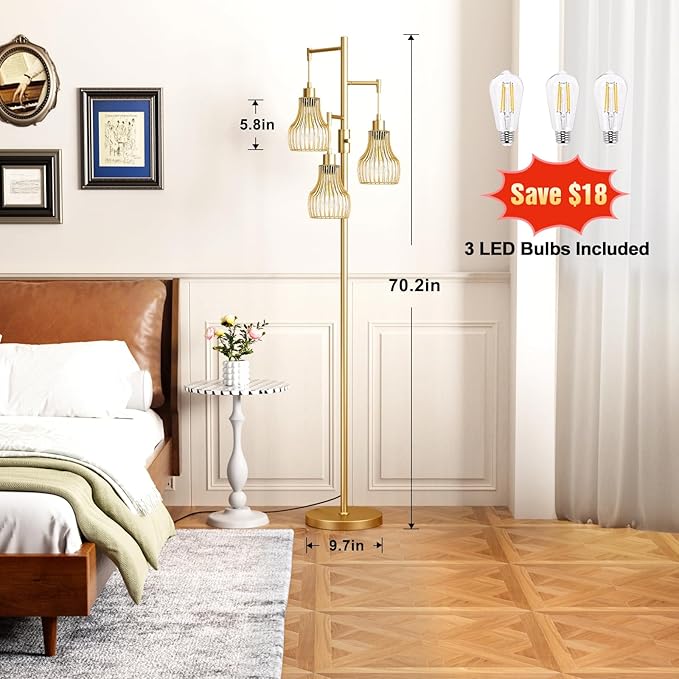 Dimmable Gold Floor Lamps for Living Room, 70" Farmhouse Tree Standing Tall Lamps with 3 Elegant Cage Shade & 800 Lumens LED Bulbs for Bedroom Office
