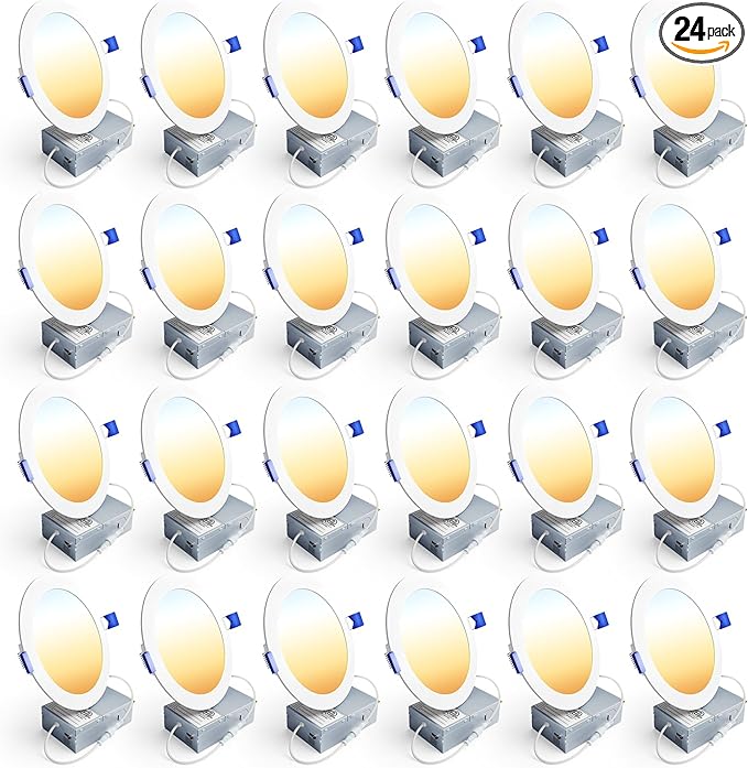 Ensenior 24 Pack 6 Inch LED Recessed Ceiling Light, Dimmable, 2700K-5000K 5CCT, 1200LM 12W 120V, High Brightness Canless Wafer Downlight - ETL&FCC&IC