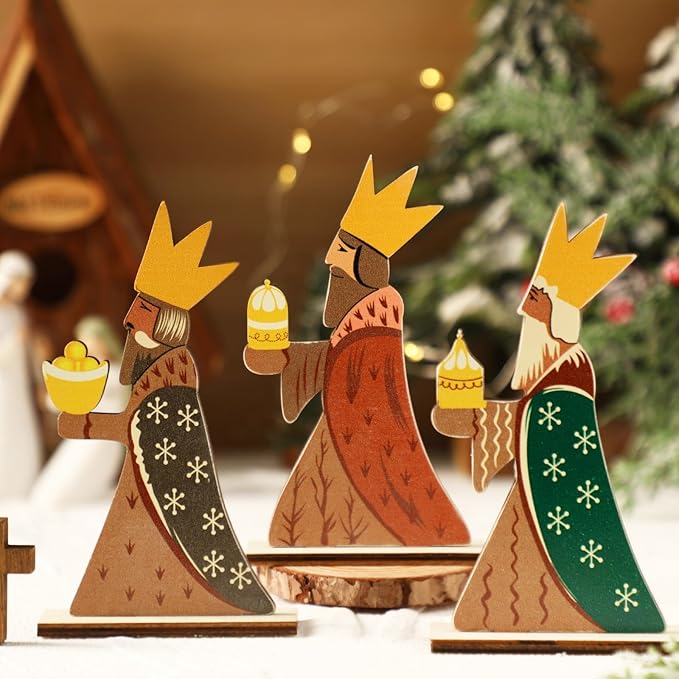 Barydat 3 Pcs Nativity Theme Decor Three Wise Men Christmas Table Decorations Wooden Centerpieces Epiphany Table Sign Christian Gifts Nativity Christmas Decoration for Indoor Home Xmas Holiday Party