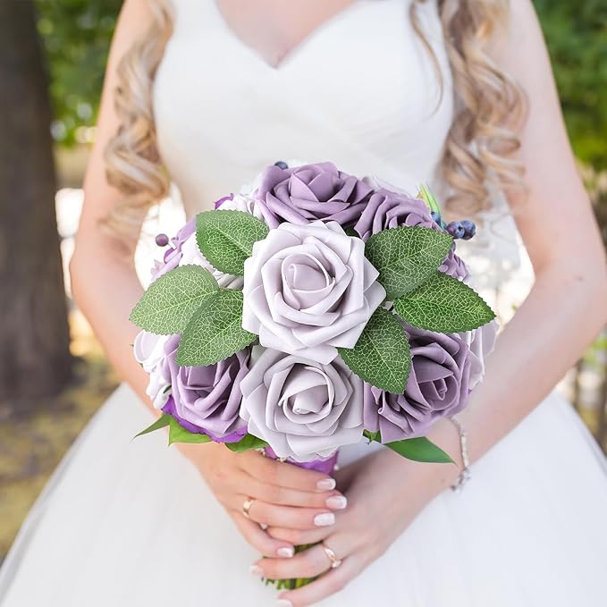 AmyHomie 25pcs Real Looking Artificial Pale Lavender Roses w/Stem for DIY Wedding Bouquets Centerpieces Arrangements Party Baby Shower Home Decorations