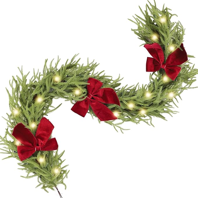 6ft Christmas Garland with Lights,Lighted Norfolk Pine Garland for Mantle,Prelit Real Touch Artificial Green Christmas Winter Garland with Large Burgundy Velvet Bow for Indoor Outdoor Decor