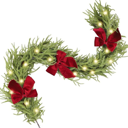 6ft Christmas Garland with Lights,Lighted Norfolk Pine Garland for Mantle,Prelit Real Touch Artificial Green Christmas Winter Garland with Large Burgundy Velvet Bow for Indoor Outdoor Decor