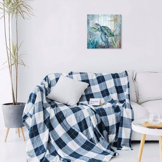 14x14 Inch Sea Turtle Bathroom Wall Decor Modern Canvas Ocean Theme Art Blue & Green Coastal Wall Pictures for Bedroom/Home/Office/Kitchen Waterproof Ultraviolet Resistant Framed Canvas