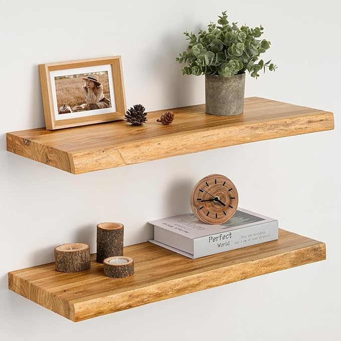 Fun Memories Floating Shelves Set of 2, Rustic Solid Elm Wood Wall Shelves 24 Inch - Invisible Bracket Mount for Living Room, Kitchen, Bathroom - Natural