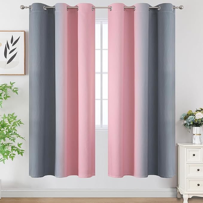 Estelar Textiler Ombre Grey and Pink Blackout Curtains 72 Inch Length 2 Panels, Full Room Darkening Blackout Curtains for Bedroom, Grommet Thermal Insulated Gradient Drapes for Kids Room, 42x72 Inch