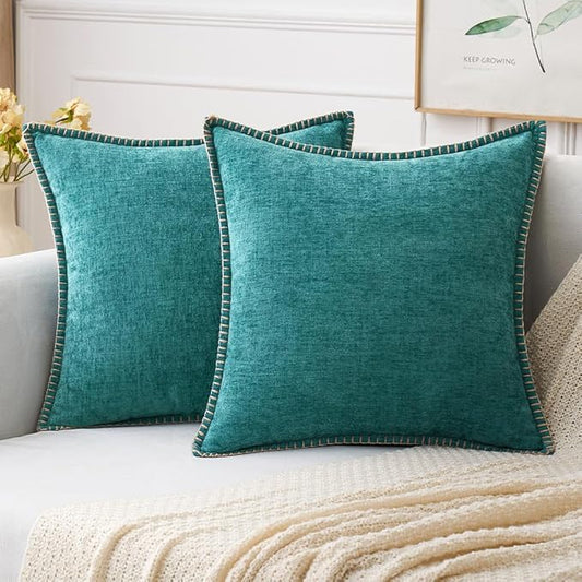 MIULEE Pack of 2 Couch Throw Pillow Covers 20x20 Inch Teal Farmhouse Decorative Pillow Covers with Stitched Edge Soft Chenille Solid Dyed Spring Pillow Covers for Sofa Bed Living Room
