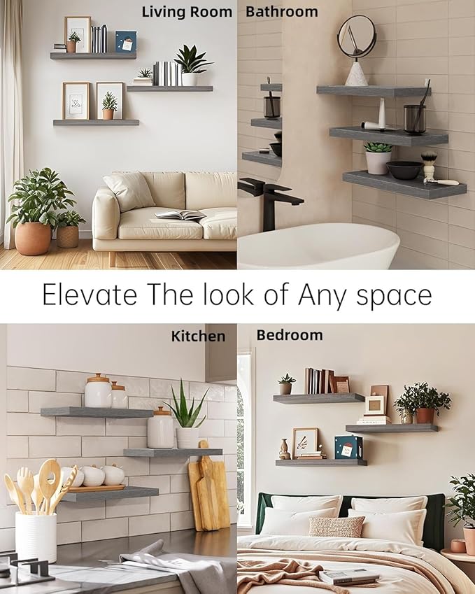 BAYKA Grey Floating Shelves for Wall, Wall Mounted Rustic Wood Shelves for Bathroom, Bedroom, Living Room, Kitchen,Small Hanging Shelf for Books/Storage/Room Decor (Set of 3, 15.7in)