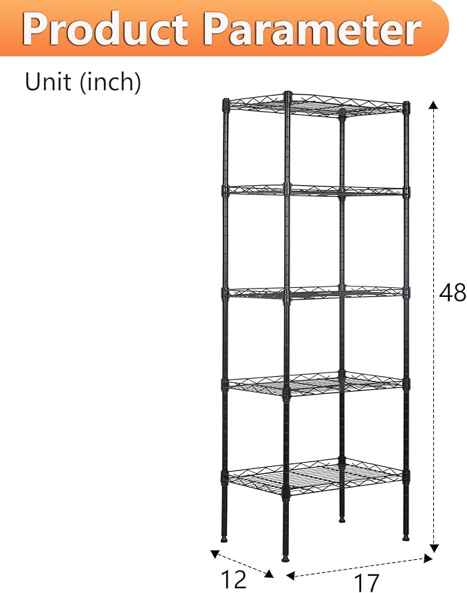 BestOffice | 5-Tier Wire Storage Shelves | 17x12x48 | Black | with Adjustable Racks | Heavy-Duty Metal Shelf, Holds Upto 750 lbs | No-Tool Assembly | Ideal for Home & Garage Shelving