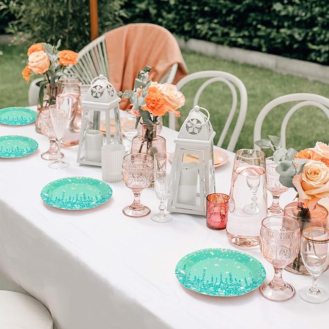 50PCS Green Glitter Paper Plates 7inch Sage Green Diamond Birthday Dessert Plate for Cake Salad Pizza Disposable plates Supplies for Girls Women Mermaid Anniversary Birthday Wedding Theme Party