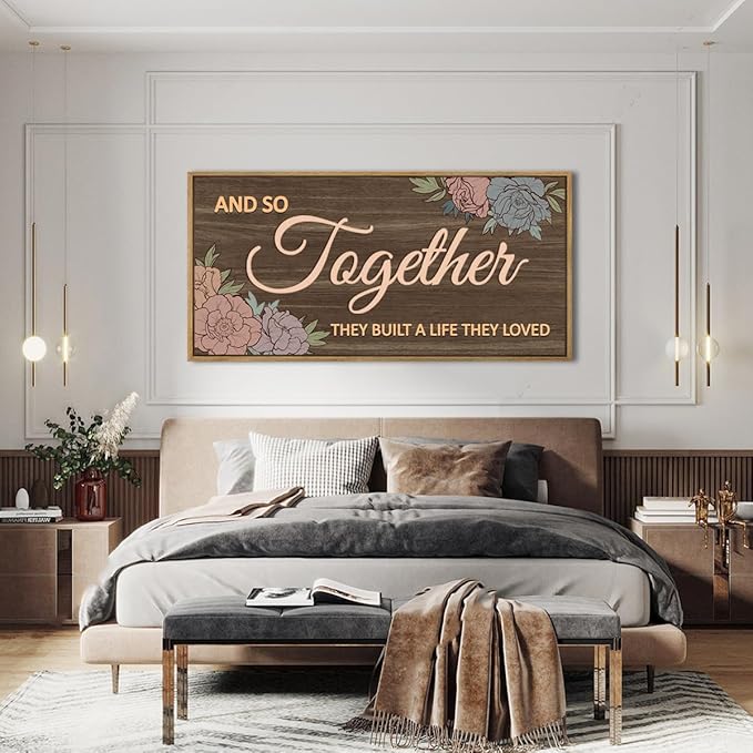 ANHUIB Large 3D Quote Wood Wall Art 20x40 Inch Framed Brown Wooden Signs Home Decor They Built a Life They Loved Inspirational Artwork Floral Wall Art for Living Room Bedroom Office
