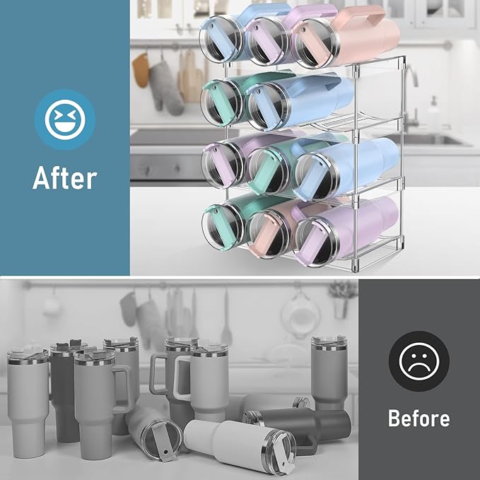 Water Bottle Organizer Stanley Cup Holder, 4-Tier Tumbler Storage, Stackable Water Bottle Holder for Kitchen Cabinet Pantry, Large Compartment fits 40 oz Tumblers, Stanley Accessories