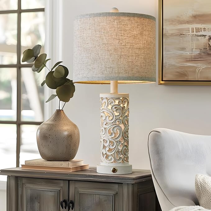 OYEARS 3-Way Dimmable 22'' Table Lamp Set of 2 for Living Room Bedroom Farmhouse Vintage Retro Bedside Lamps Touch Control with USB Ports Linen Shade for Home Office (Wash White, Bulb Included)