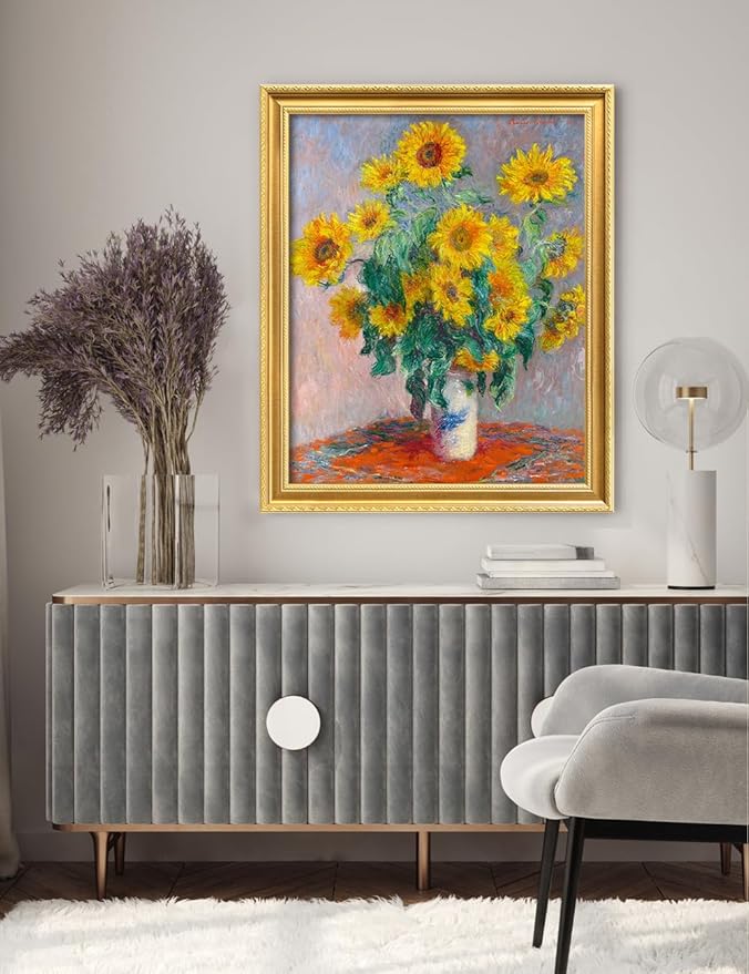 DECORARTS - Claude Monet Sunflowers Giclee Print with Gold Solid Wood Frame, Impressionist Large Framed Wall Art, Ready to Hang, Framed Size 28.75x34.75, Made in USA