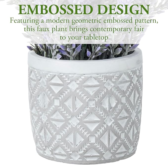 MyGift Artificial Potted Eucalyptus and Lavender Plant Faux Greenery in Modern Geometric Embossed Pattern Concrete Planter Pot, 2 Pc Set