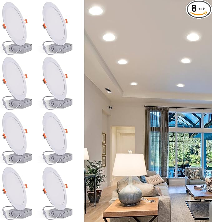 8 Inch LED Recessed Light with Junction Box, 8Pack Ultra Thin LED Recessed Lighting.6000K Daylight, No Dimmable,18W 8" Recessed Ceiling Canless Wafer Downlight.Slim Can-Killer Lights,CRI80+