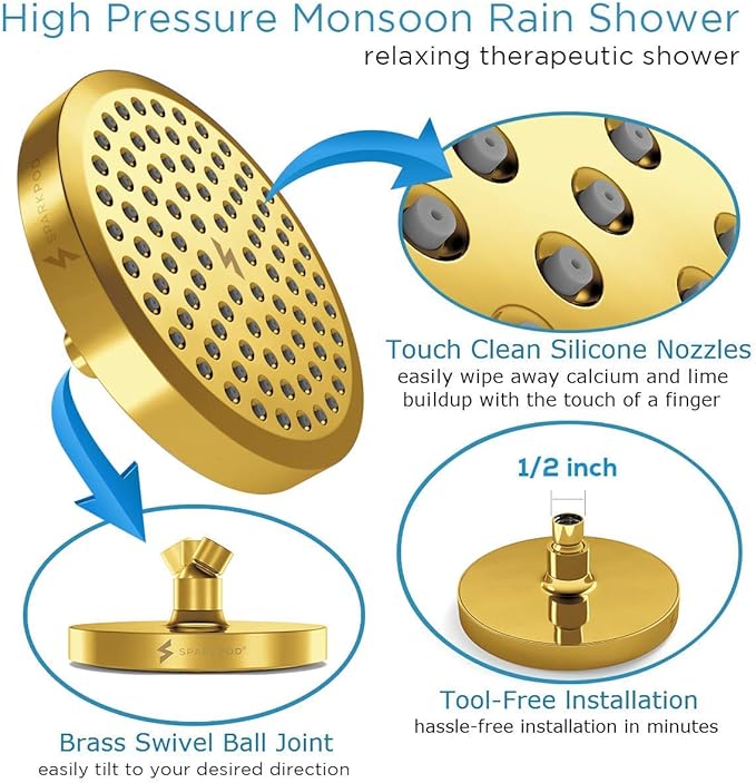 SparkPod Shower Head - High Pressure Rain - Premium Quality Luxury Design - 1-Min Install - Easy Clean Adjustable Replacement for Your Bathroom Shower Heads (Egyptian Gold, 6 Inch Round)