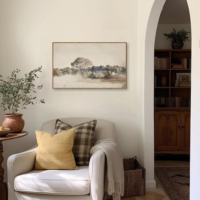 KBKBART Framed Vintage Neutral Wall Art Prints, Antique Rustic Muted Landscape Canvas Painting, Retro Countryside Nature Wilderness Illustrations Farmhouse Decor, Neutral Vintage Decor Ready To Hang