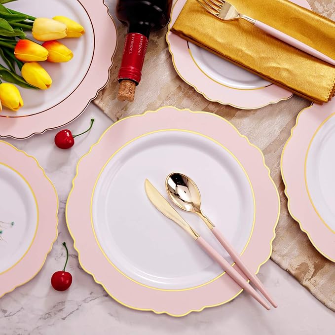 WDF 30Guest Pink Plates Disposable - Hign-end Baroque Design - Gold Plastic Silverware with Handle-Baroque Pink &Gold Plastic Dinnerware for Wedding/Baby Shower