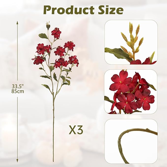Briful Fall Artificial Hydrangea Flower Stems, 33.5" Silk Blossom Sprays with Bendable Stems, Set of 3 Faux Floral Branches for Tall Vase Arrangements, Burgundy