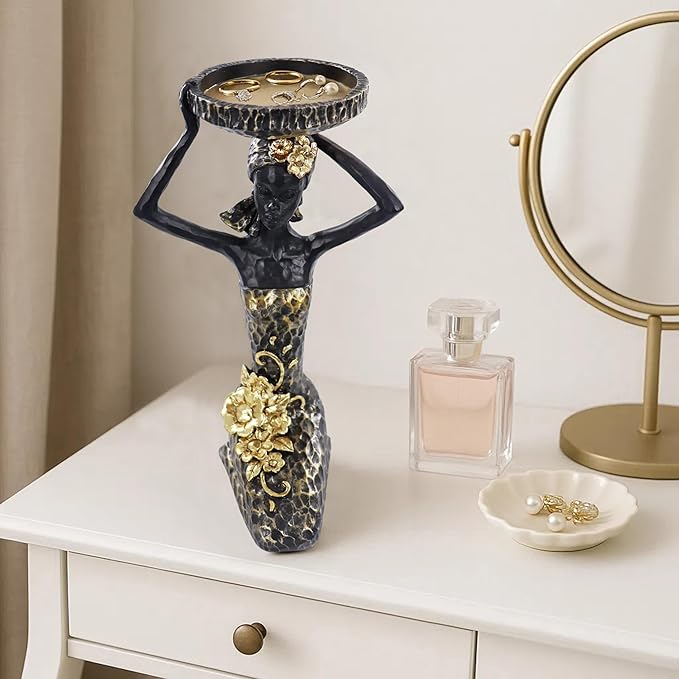 African Lady Figurine Candle Holder with African Tribal Totem for Wedding,Church,Holiday Decor-African Decorative Women Statues, Candlestick Holder for Home and Table Decor(404-Black)