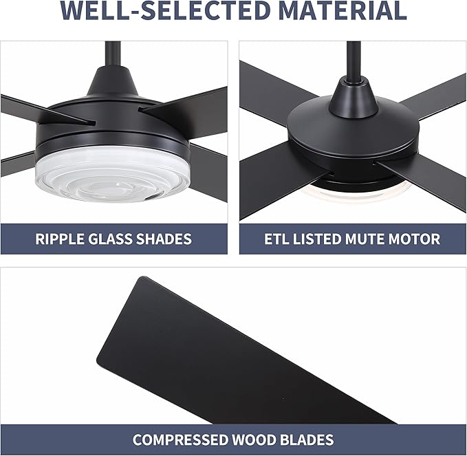 WINGBO 52 Inch Ceiling Fan with Lights and Remote, 3CCT, Modern Ceiling Fan with Ripple Glass Shade, 6-Speed Reversible DC Motor for Bedroom Living Room Kitchen Hallway, Matte Black