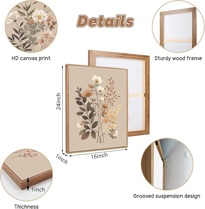 CHDITB Vintage Flower Framed Canvas Wall Art Set, Large Neutral Wildflowers Wall Decor, Farmhouse Floral Artwork Botanical Poster, Modern Art Prints for Living Room Bedroom Office Size 16"x24"