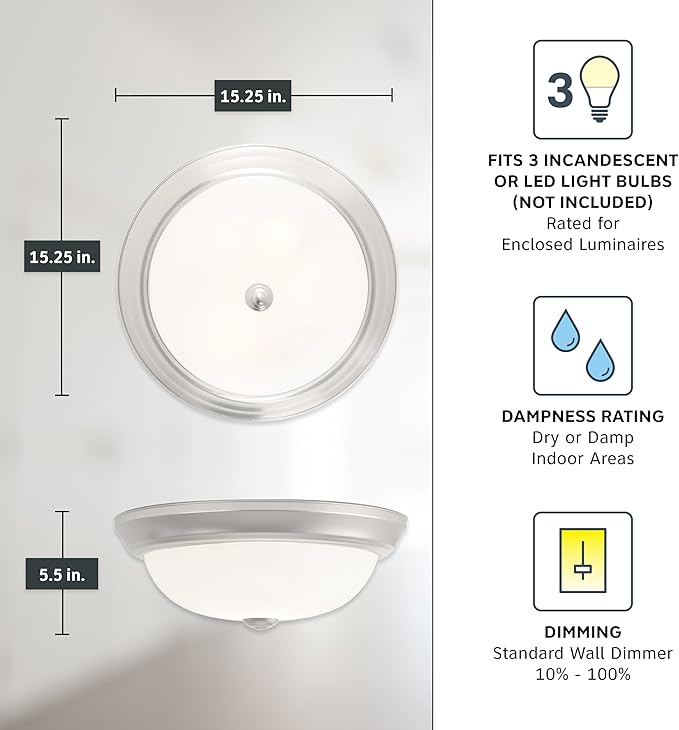 DESIGNERS FOUNTAIN Reedley 3-Lights Flush Mount Ceiling Light, 15 Inch Lighting Fixture for Kitchen, Bedroom, Bathroom, and Hallway, Pewter with Etched Glass, 1257L-PW-W