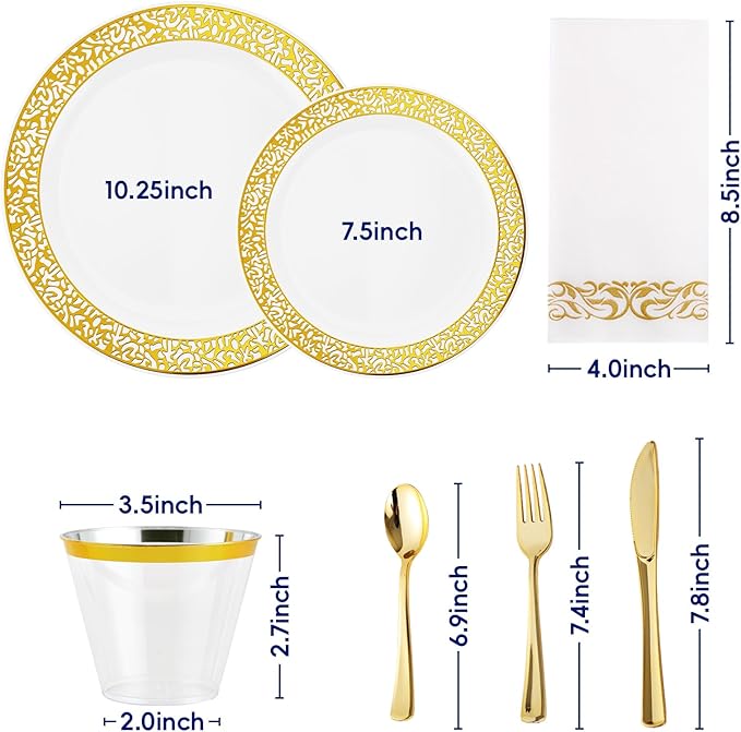 210 Count Gold Plastic Dinnerware, Gold Disposable Plates, Includes: 30 Dinner & 30 Dessert Plates & 30 Cups & 30 Paper Napkins & 30 Plastic Silverware Set