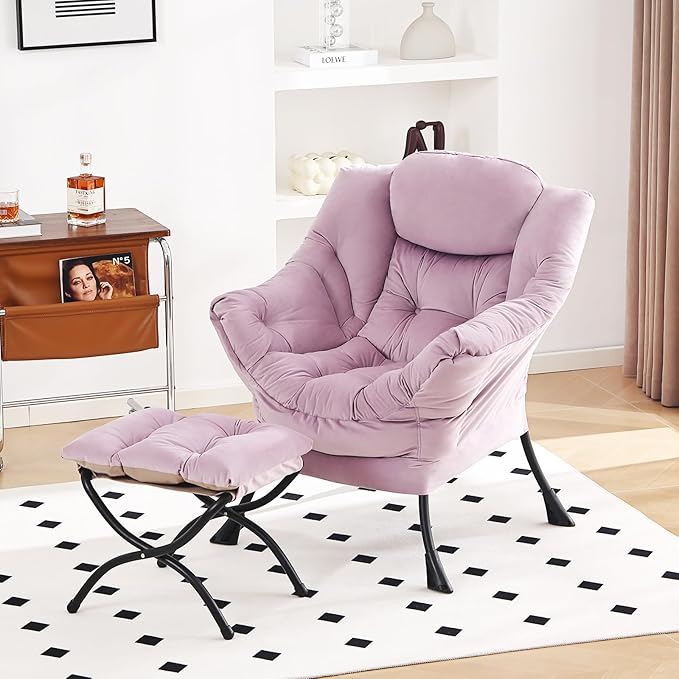 Lazy Chair with Ottoman, Modern Chair with Folding Footrest, Lounge Accent Chair, Comfortable Reading Chair (Velvet Light Purple)