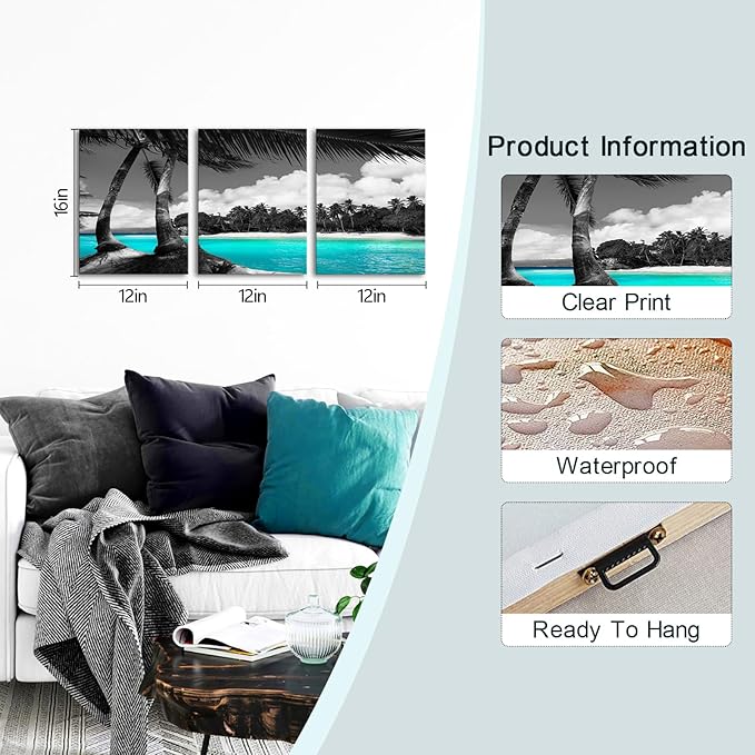 SkenoArt 3 Panels Teal Canvas Wall Art Black and White Hawaii Beach Pictures Tropical Palm Tree Artwork Giclee Prints for Bathroom Office Wall Decoration Framed Ready to Hang Each Piece 12"x16"