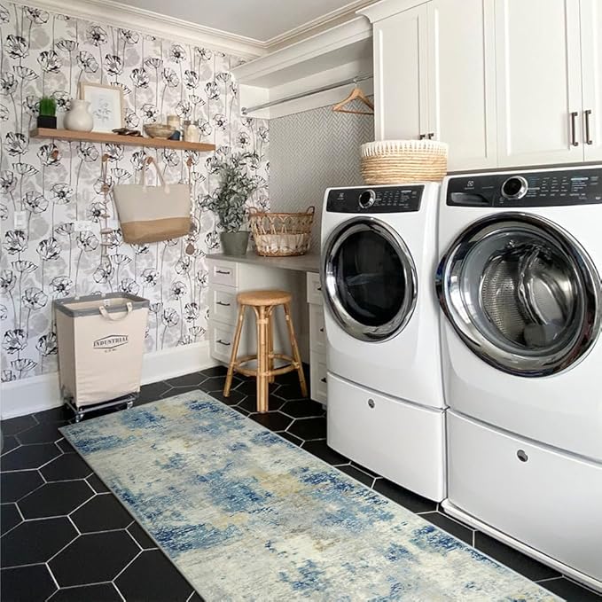 Lahome Modern Abstract Bathroom Runner Rug 2x8, Washable Entryway Rug Runners for Hallways Non Slip, Soft Non Skid Kitchen Carpet Runner for Living Laundry Bedroom RV, Blue