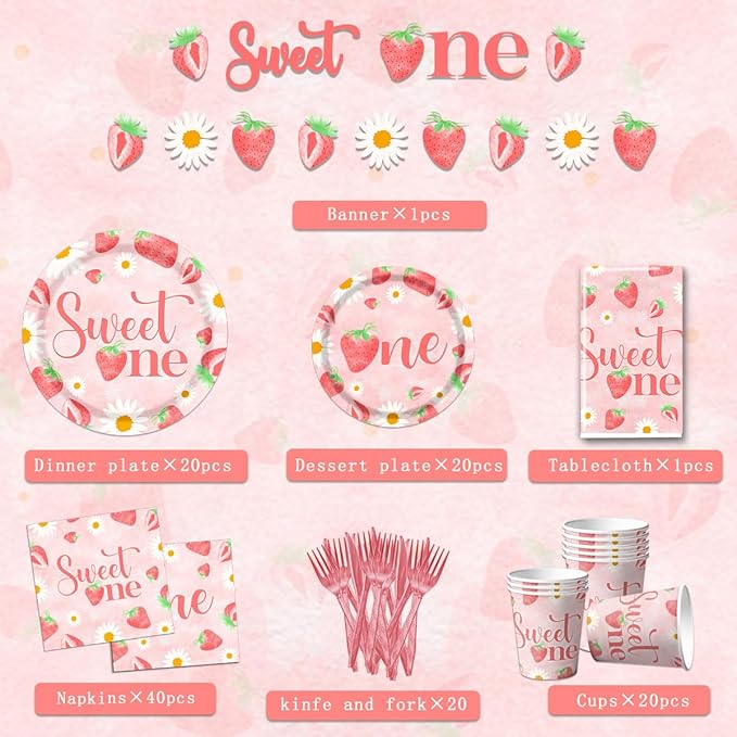 Strawberry 1st Birthday Party Decorations for Girls - Sweet One 1st Birthday Tableware Including Plates,Napkins,Tablecloths Summer Fruit Table Decorations for Berry First Party Supplies