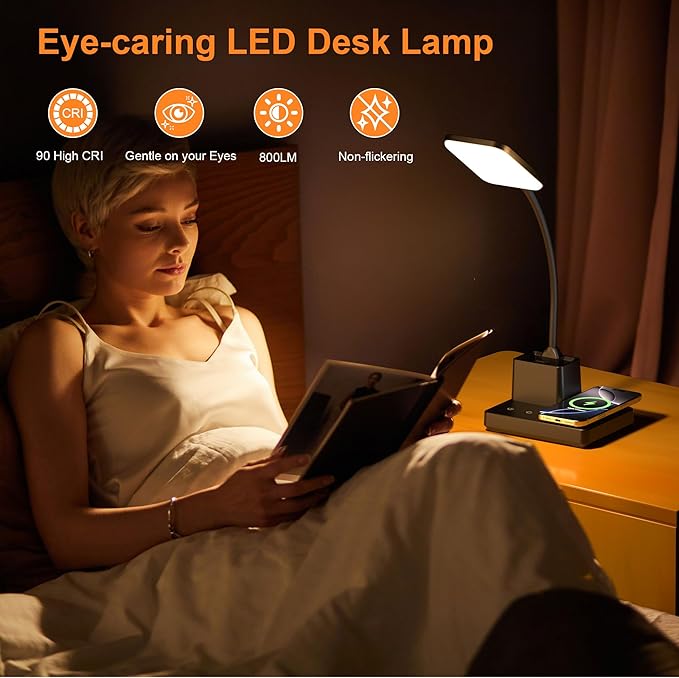 Sailstar Desk Lamp, Table Lamp with Wireless Charger & USB Port, 800LM CRI95 3 Color Modes Dimmable Touch 360°Gooseneck Pen Holder, LED Desk Lamps for Home Office, College Dorm Room, Adapter Included