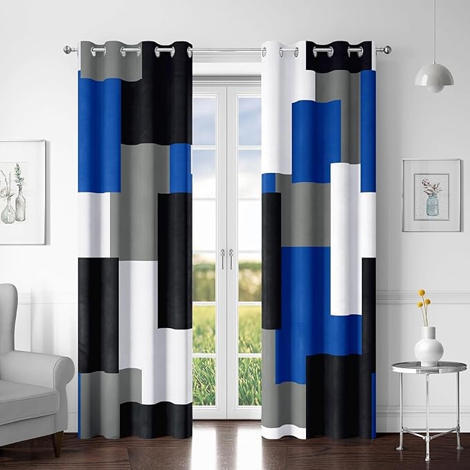 Royal Blue 100% Blackout Curtains for Bedroom 96 inch Long 2 Panels Set Navy Blue Modern Abstract Black Out Curtains Black Grey Insulated Room Darkening Window Drapes for Living Room, 52Wx96L