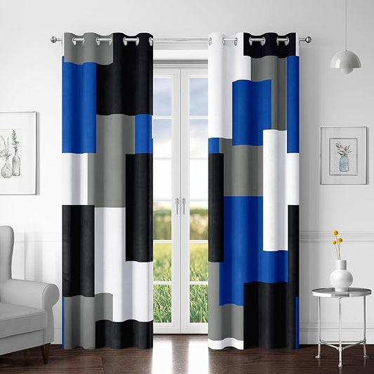 Royal Blue 100% Blackout Curtains for Bedroom 96 inch Long 2 Panels Set Navy Blue Modern Abstract Black Out Curtains Black Grey Insulated Room Darkening Window Drapes for Living Room, 52Wx96L