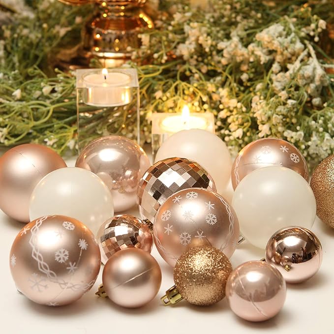 Sea Team 86-Pack Shatterproof Rose Gold Christmas Ball Ornaments Set, Assorted Multi-Sized Hanging Baubles, Xmas Tree Decorations, Seasonal Décor for Holiday Wreath Garland, Hooks Included