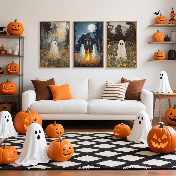 CHDITB Spooky Ghost Framed Canvas Wall Art Set, Halloween Party Gothic Wall Decor, Moonlit Cabin Art Cute Ghost Wall Painting, Vintage Country Landscape Art Prints for Living Room Bedroom 16"x24"x3