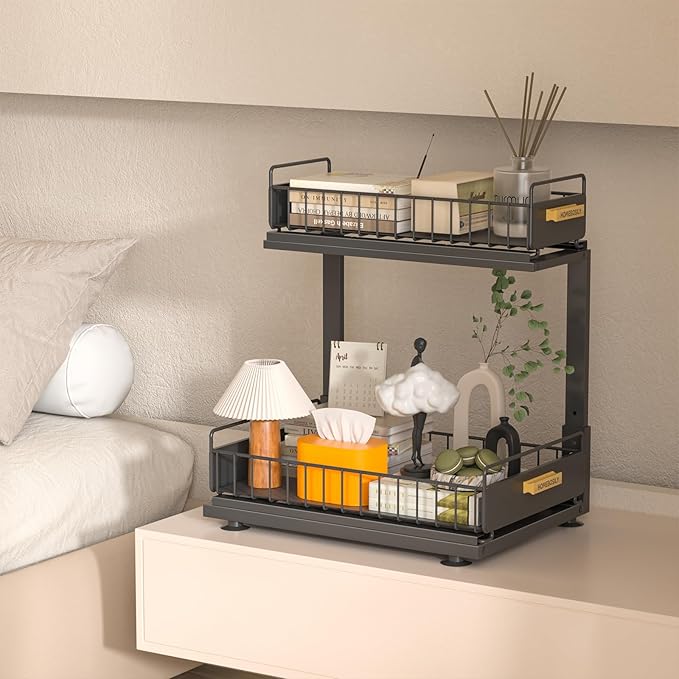 Under Sink Organizer Kitchen, 2 Tier Under Sink Organizers and Storage, Pull out Cabinet Organizer Shelf, Metal Drawer for Kitchen Bathroom Pantry Cabinet Closet Organization Rack, Black, 1 Pack