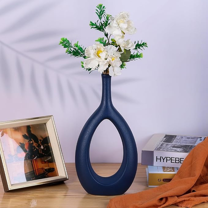 Navy Blue Ceramic Hollow Elliptical Vase Set of 2 - Boho Circle Vase with Hole, for Modern Navy Blue Table Decor, Living Room Decor Shelf mid Century Modern Home Entrance Decorative vase