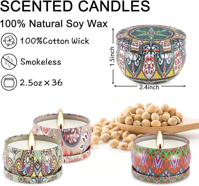 Scented Candle Gifts Set 36 Pack Soy Wax Travel Tin Jar Candles for Home 2.5 OZ Scented Candles for Mom for Christmas, Birthday, Thanksgiving, Mother's Day.