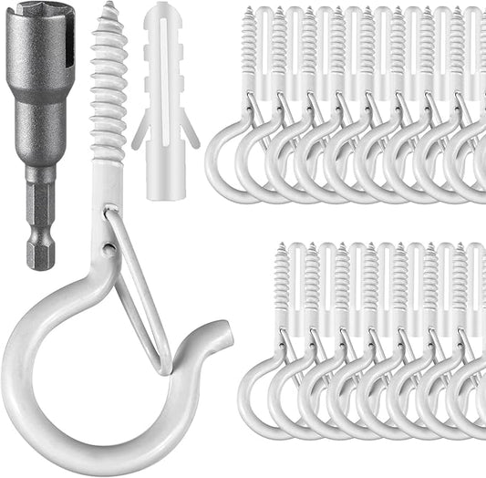 24 PCS Q-Hanger Hooks, Screw Hooks for Outdoor String Lights, Safety Buckle Design Cup Eye Hook for Hanging Christmas Lights, Plants, Mounted on Wall Ceiling, Include 1 Wing Nut Driver, White