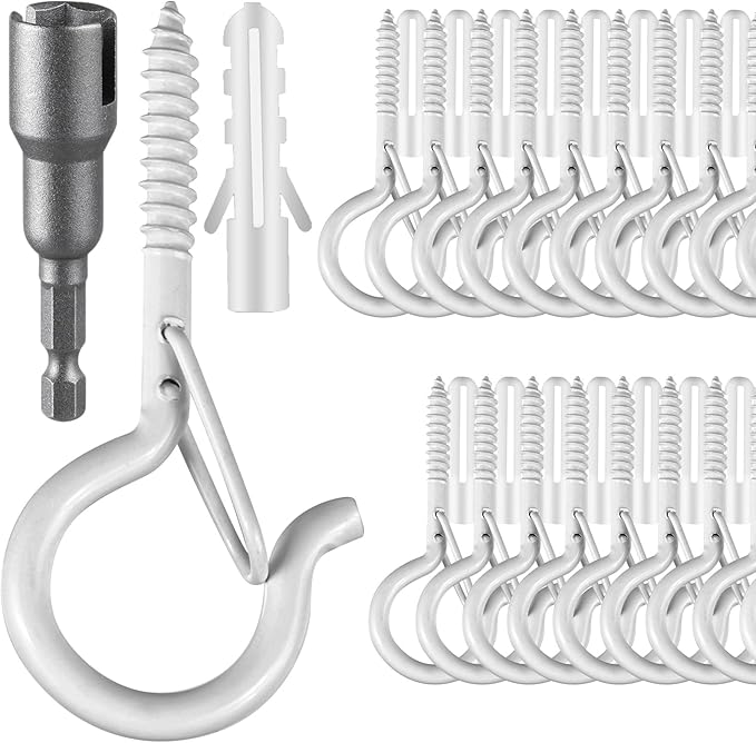36 PCS Q-Hanger Hooks, Screw Hooks for Outdoor String Lights, Safety Buckle Design Cup Eye Hook for Hanging Christmas Lights, Plants, Mounted on Wall Ceiling, Include 1 Wing Nut Driver, White