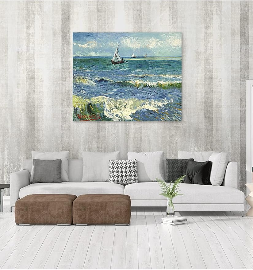 DECORARTS - The Sea at Les Saintes-Maries-de-la-Mer, Vincent Van Gogh Art Reproduction. Giclee Print on Canvas. Wall Art for Home. 40x32