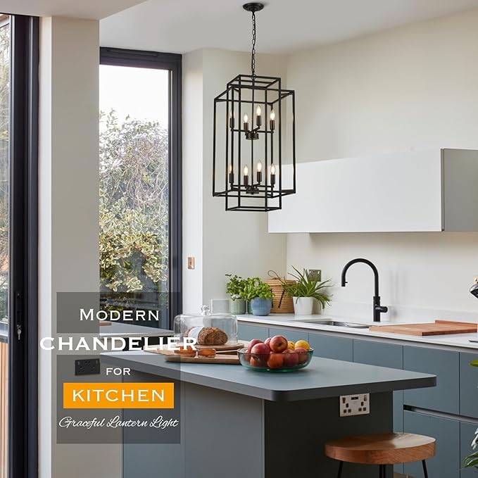 8-Light Black Chandelier,Semi Flush Light Fixture for Farmhouse with Metal Cage,E12 Bulb Socket and Adjustable Height for Dining Room,Kitchen Island,Living Room,Staircase, Entryway and indoor