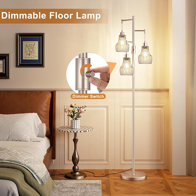 Dimmable Floor Lamps for Living Room, Industrial Tree Standing Tall Lamps with 3 Elegant Cage Shade & 650 Lumens LED Bulbs for Bedroom Office - Light Gold